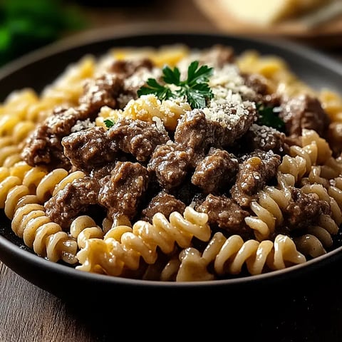 A close-up of a bowl of fusilli pasta topped with a rich meat sauce, garnished with parsley and grated cheese.