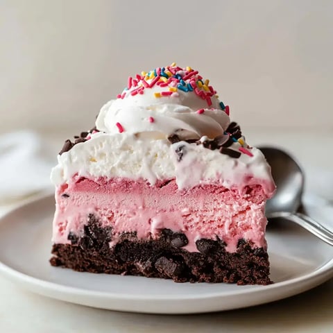 A slice of layered ice cream dessert featuring chocolate crust, strawberry and vanilla ice cream, topped with whipped cream and colorful sprinkles.