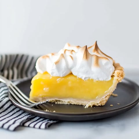 A slice of lemon meringue pie with a golden filling and toasted meringue topping rests on a black plate, accompanied by a striped napkin and fork.