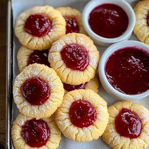 A tray of buttery cookies with raspberry jam centers, accompanied by small bowls of additional raspberry jam.