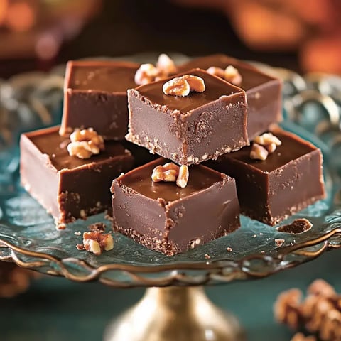 A decorative plate holds several pieces of chocolate fudge topped with walnut halves.