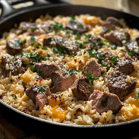 A close-up view of a skillet filled with sautéed rice and tender pieces of beef, garnished with parsley.