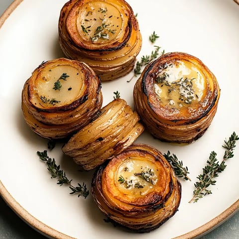 A plate of stacked, golden brown potato rounds garnished with fresh thyme.